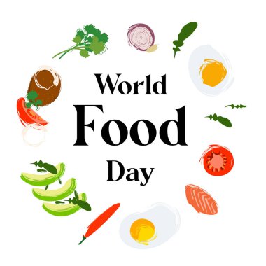Food illustration frame with text World Food Day on white background.