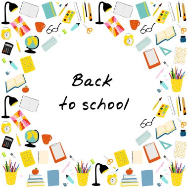 Back to school frame illustration with school stationery on white background.