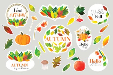 Set stickers Hello autumn with autumn illustration with colorful leaves and autumn harvest of pumpkin, apple, viburnum and mushroom.