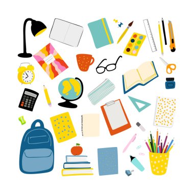 Back to school illustration with school stationery isolated on white background.