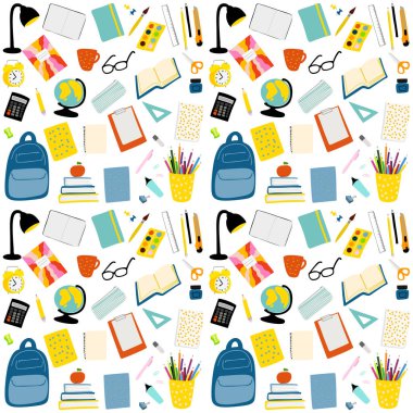 Seamless pattern with school stationery colorful illustration on white background.