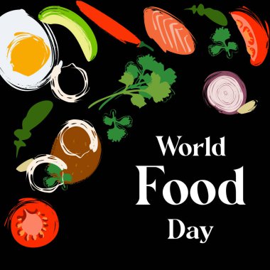 Food illustrations on black background with text World Food Day.