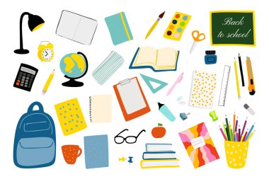 Set of school stationery illustration isolated on white background.