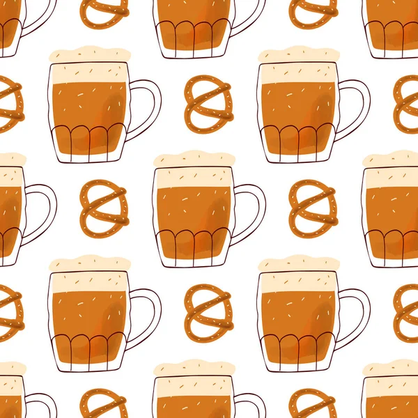 Seamless Pattern Stylized Illustration Mug Beer Pretzel Snack White Background — Stockvector