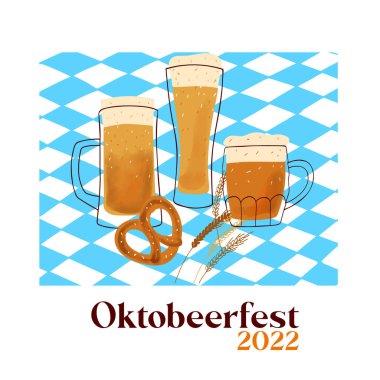 Octobeerfest illustration with stylized beer mugs and pretzel snacks on blue background.
