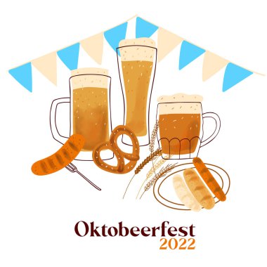Octobeerfest 2022 illustration with stylized beer mugs, with traditional snacks pretzel and grilled sausage on white background.