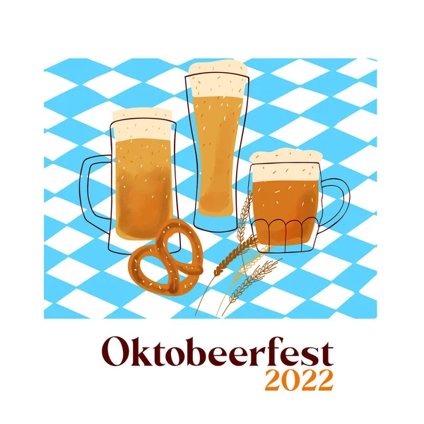 Octobeerfest illustration with stylized beer mugs and pretzel snacks on blue background.