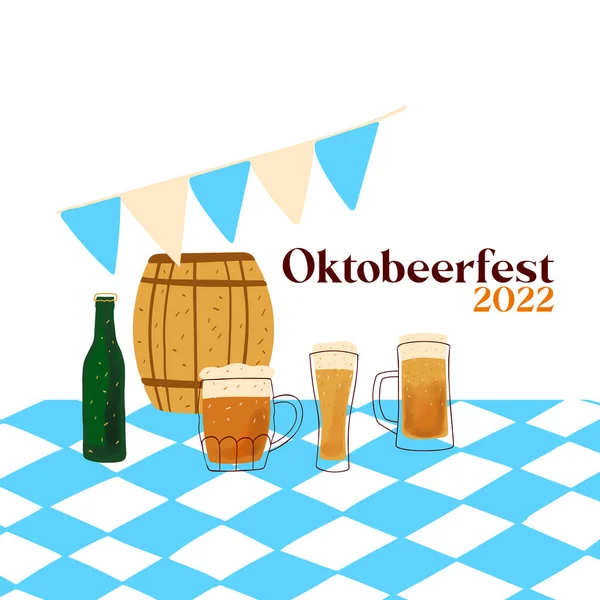 Octoberbeerfest illustration with stylized beer mugs, barrel and bottle with a traditional blue and white background.