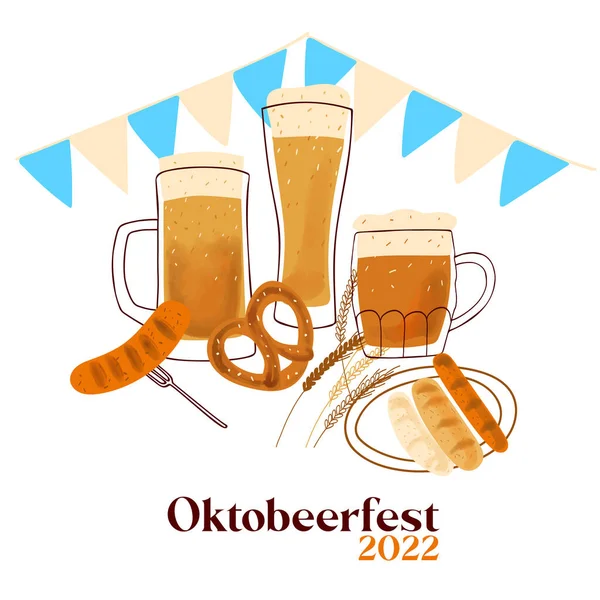 Octobeerfest 2022 illustration with stylized beer mugs, with traditional snacks pretzel and grilled sausage on white background.