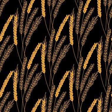 Seamless pattern with ears of wheat illustration on black background.