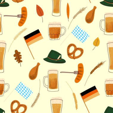 Octoberbeerfest seamless pattern illustration with stylized beer mugs, traditional snacks pretzel and grilled sausage.