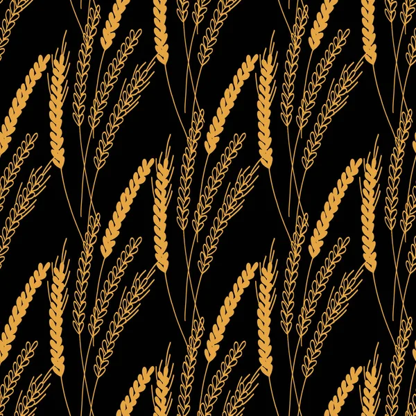 Seamless pattern with ears of wheat illustration on black background.