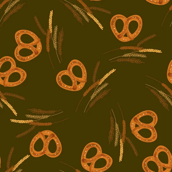 Seamless Pattern Ears Wheat Pretzel Illustration Brown Background — Stockvector