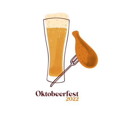 Octobeerfest 2022 illustration with stylized beer mug and grilled chicken on a fork isolated on white background.