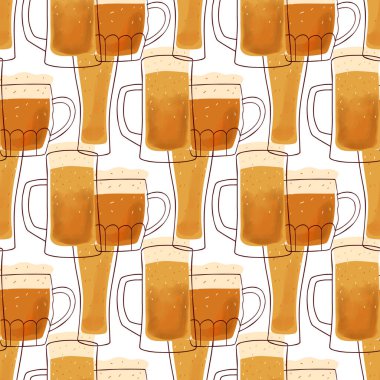 Seamles pattern with stylized illustration mugs of beer yellow color background.