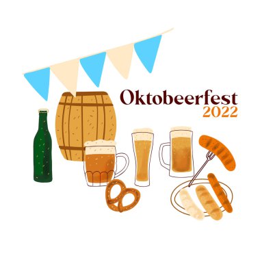 Octobeerfest illustration with stylized mug of beer, Pretzel snack and grilled sausage on white background.
