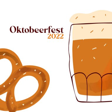 Octobeerfest 2022 illustration with stylized beer mug, with traditional snack pretzel on white background.