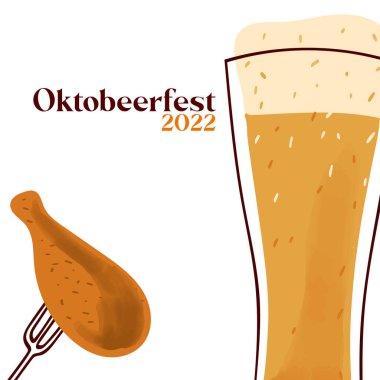 Octobeerfest 2022 illustration with stylized beer mug and grilled chicken on a fork on white background.