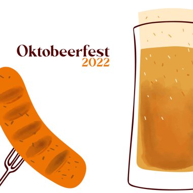Octobeerfest 2022 illustration with stylized beer mug and sausage on a fork on white background.