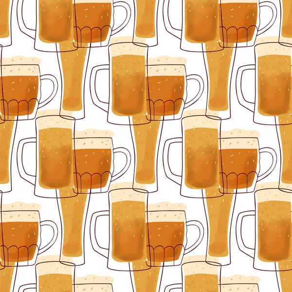 Seamles Pattern Stylized Illustration Mugs Beer Yellow Color Background — Stockvector