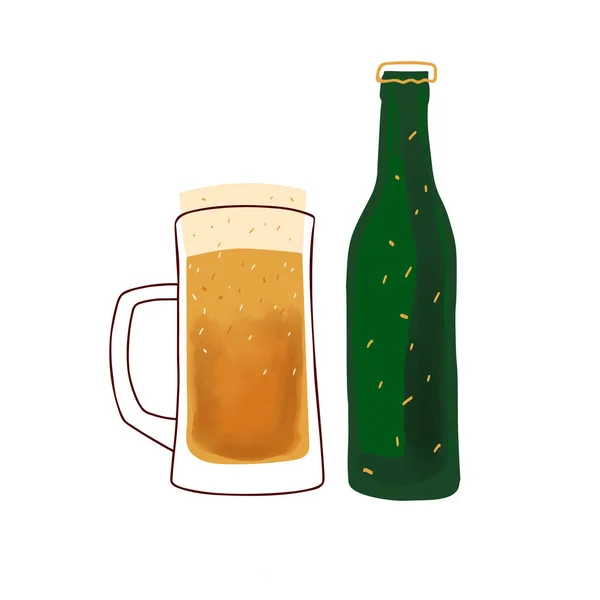 Mug Beer Green Bottle Stylized Illustration Isolated White Background — 스톡 벡터