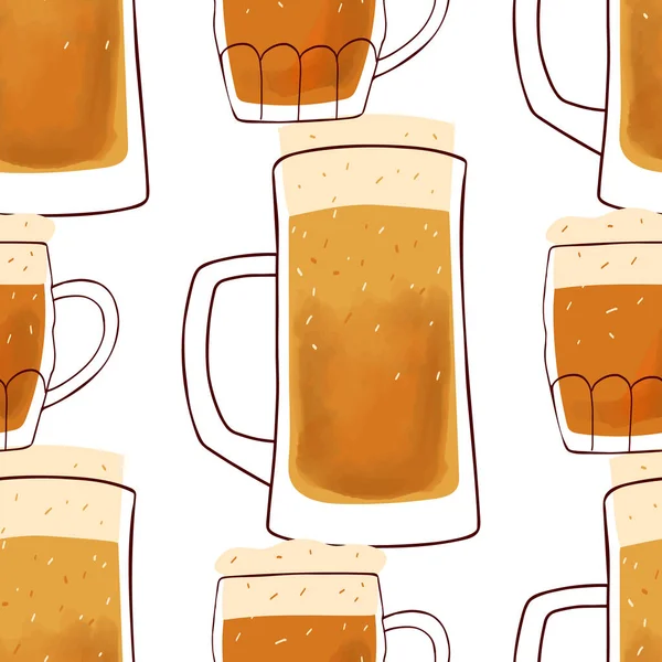Seamles Pattern Stylized Illustration Mug Beer White Background — 스톡 벡터