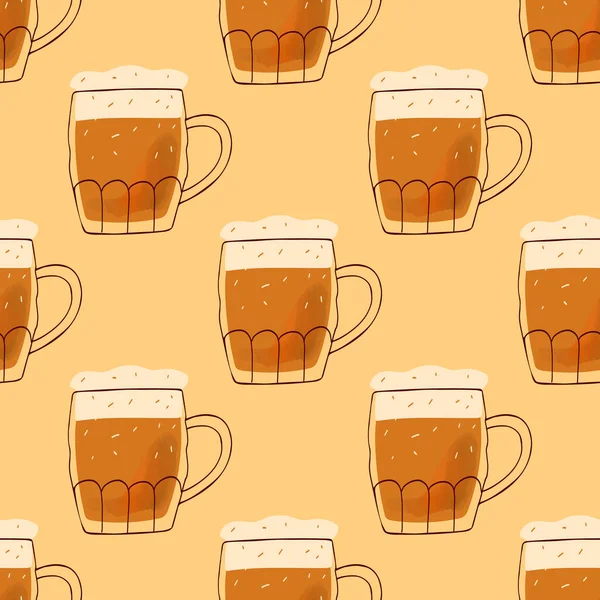 Seamles Pattern Stylized Illustration Mugs Beer Yellow Background — 스톡 벡터