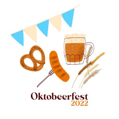 Octobeerfest 2022 illustration with stylized beer mugs, with traditional snacks pretzel and grilled sausage on white background.