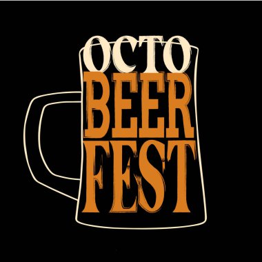 Oktobeerfest typography design stylized beer mug text isolated on black background.