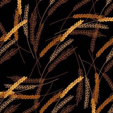 Seamless pattern with ears of wheat illustration on black background.