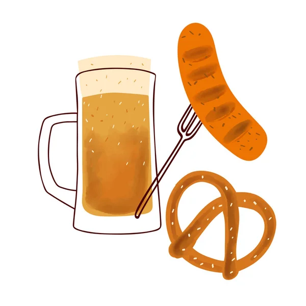 Illustration Stylized Beer Mug Traditional Snack Pretzel Grilled Sausage White — Stockvector