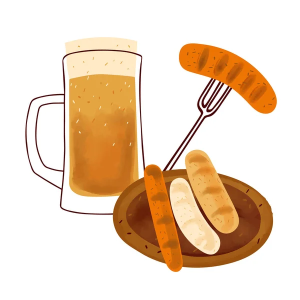 Stylized Illustration Beer Mug Traditional Snack Grilled Sausages Isolated White — 스톡 벡터