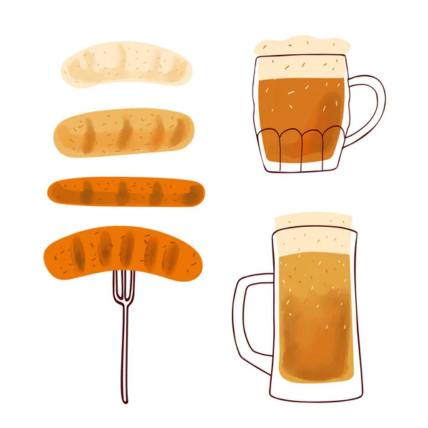 Stylized Illustration Beer Mug Traditional Snack Grilled Sausages Isolated White — Stockvector