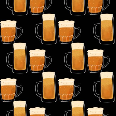Seamless pattern stylized illustration mugs of beer on black background.