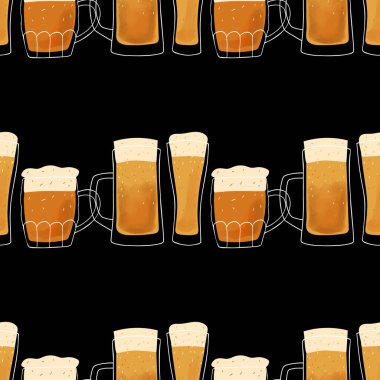 Seamless pattern stylized illustration mugs of beer on black background.