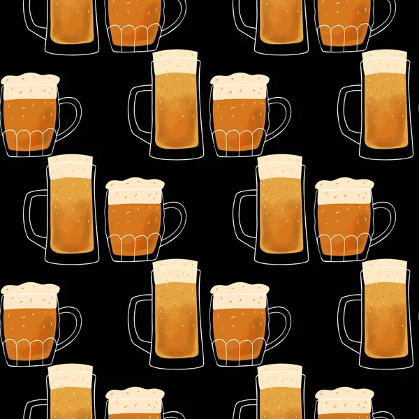 Seamless Pattern Stylized Illustration Mugs Beer Black Background — 스톡 벡터