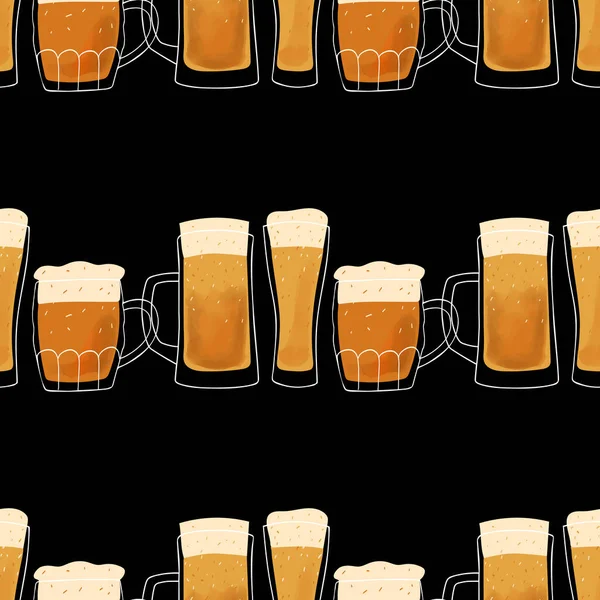 Seamless Pattern Stylized Illustration Mugs Beer Black Background — Stock Vector