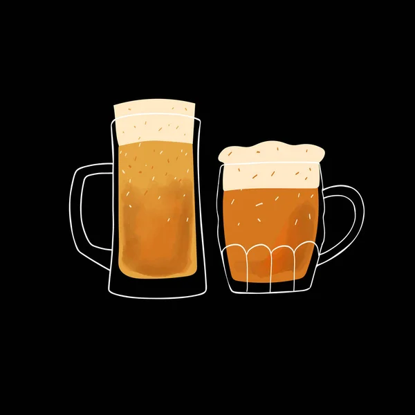 Stylized Illustration Mugs Beer Isolated Black Background — Vetor de Stock