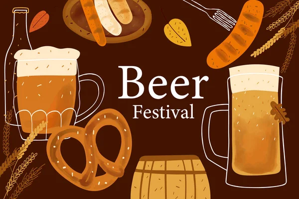 Card design with Stylized illustration mugs of beer, pretzel snack and grilled sausage and text Beer festival on dark brown.