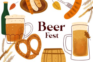 Card design with stylized illustration mugs of beer, pretzel snack and grilled sausage and text Beer festival on white background.