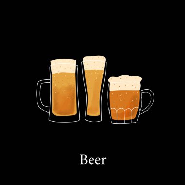 Stylized illustration mugs of beer on black background.