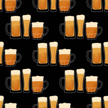 Seamless pattern stylized illustration mugs of beer on black background.