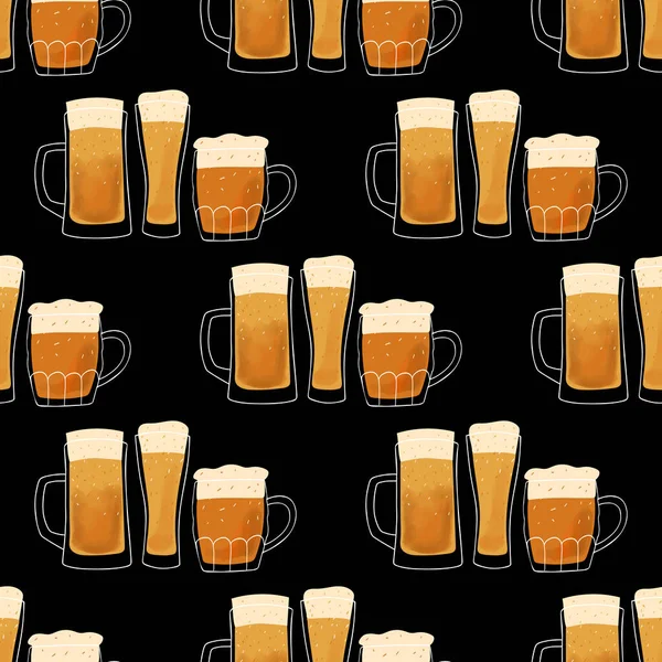 Seamless Pattern Stylized Illustration Mugs Beer Black Background — Stockvector