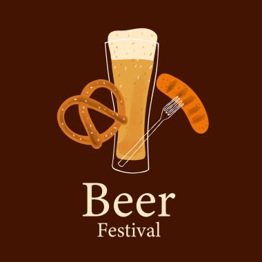 Stylized illustration mug of beer with traditional snack pretzel and sausage on a fork isolated on dark brown background.