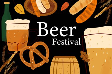 Beer festival card design with stylized illustration mugs of beer, pretzel snack and grilled sausage on black background.