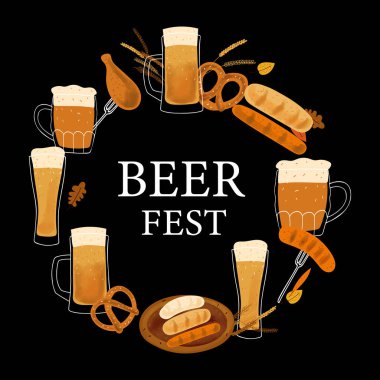 Frame background with stylized illustration mugs of beer, pretzel snack and grilled sausage on black background.