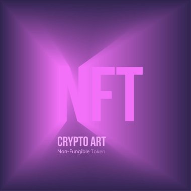 Purple abbreviation NFT text illustration non-fungible token crypto art on dark background. Vector cryptocurrency.