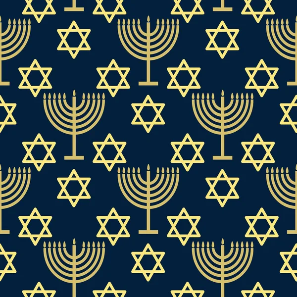 Sömlös Mönster Med Guld Symboler Blå Färg Bakgrund För Hanukkah — Stock vektor