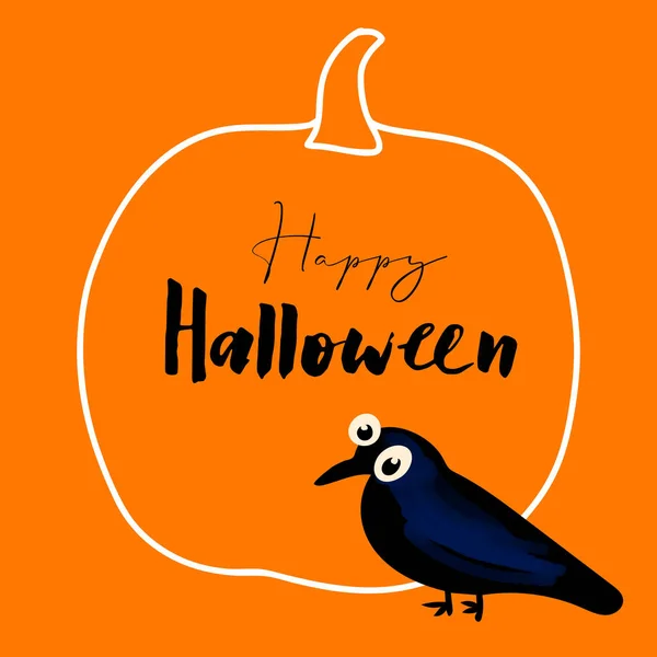 Happy Halloween illustration with black crow on orange background.
