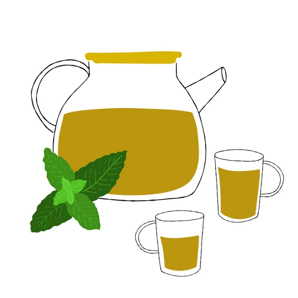 玻璃茶壶和白底香草薄荷茶的图例 — 图库照片